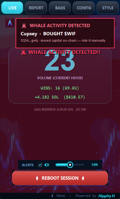 Hone Pro whale-activity alert flashing red on the live dashboard
